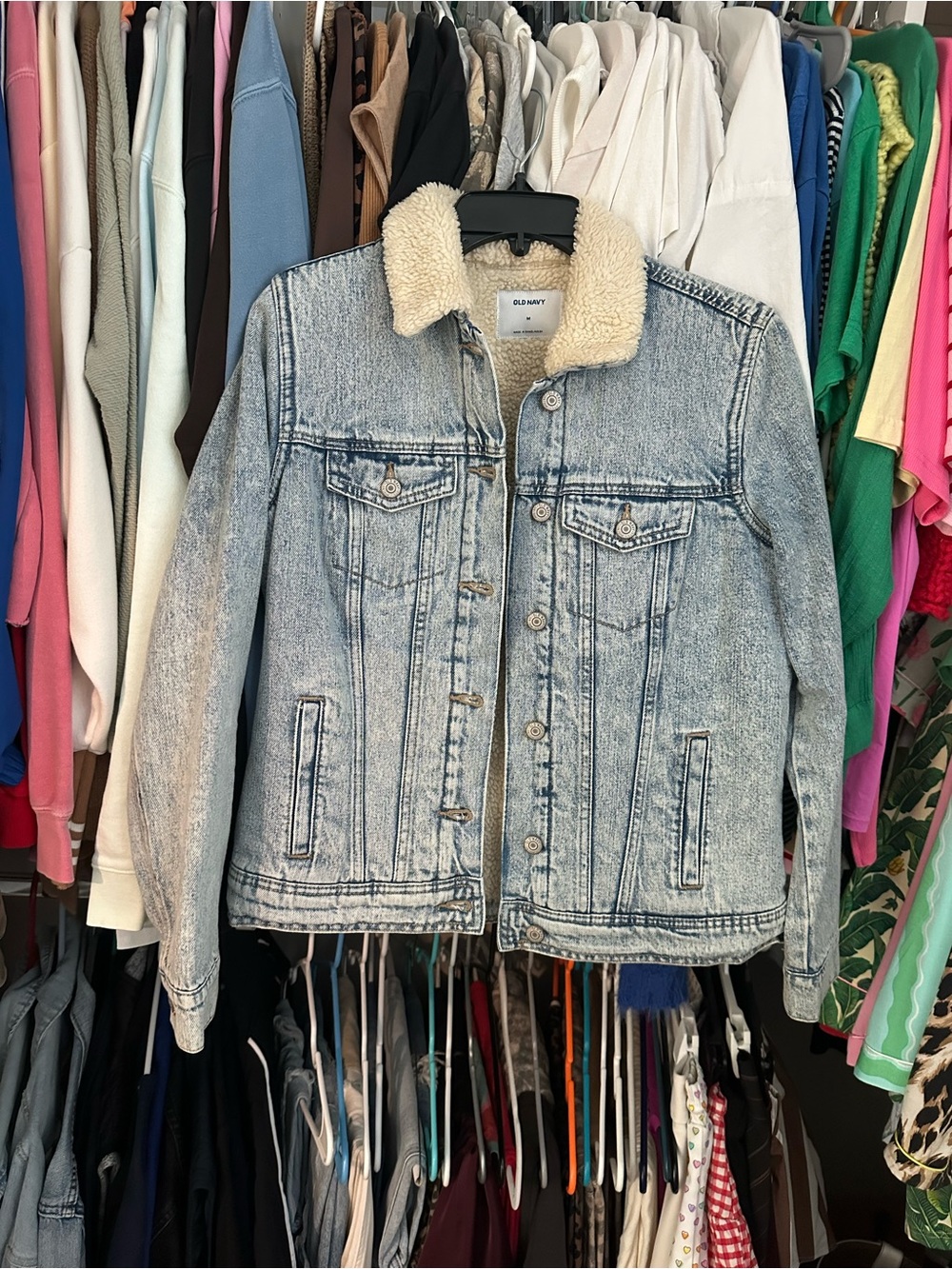 Old Navy Light Blue Sherpa-Trim Acid Wash Denim Jacket
